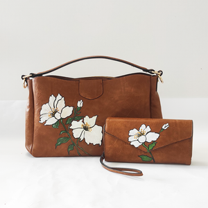 Coordinato Borsa + Borsellino Marrone con fiore bianco